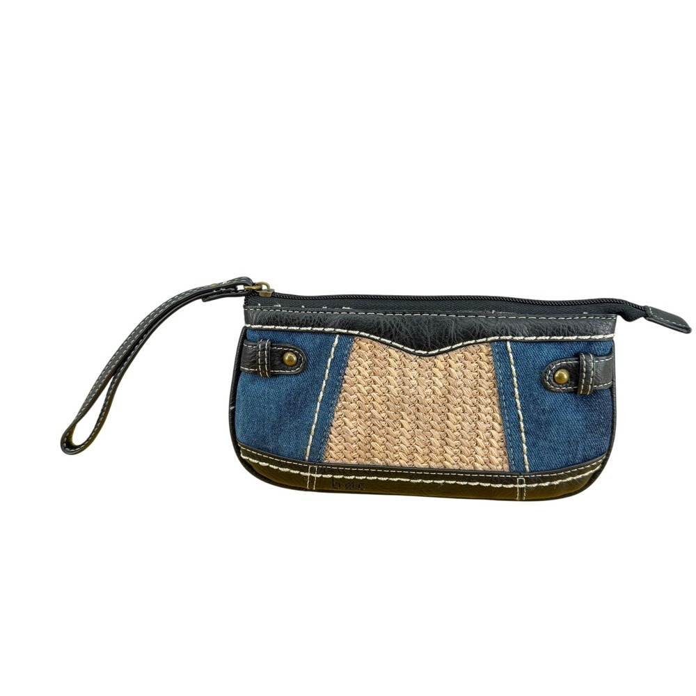 b.o.c. Born‎ Concept Wristlet Clutch Denim Straw Black Faux Leather Wallet